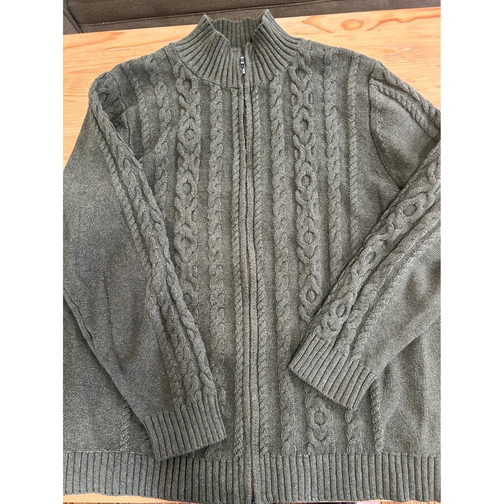 LL Bean Women 3X Green Cable Knit Full Zip Mock Neck Cotton Sweater 300112